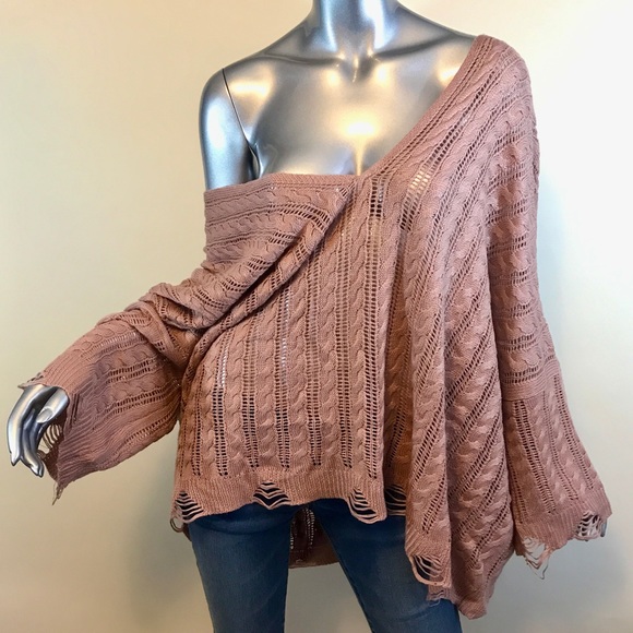 POL Women's Large Oversized Sweater Double V Neck Boxy Distressed Detail Pink - Picture 2 of 13